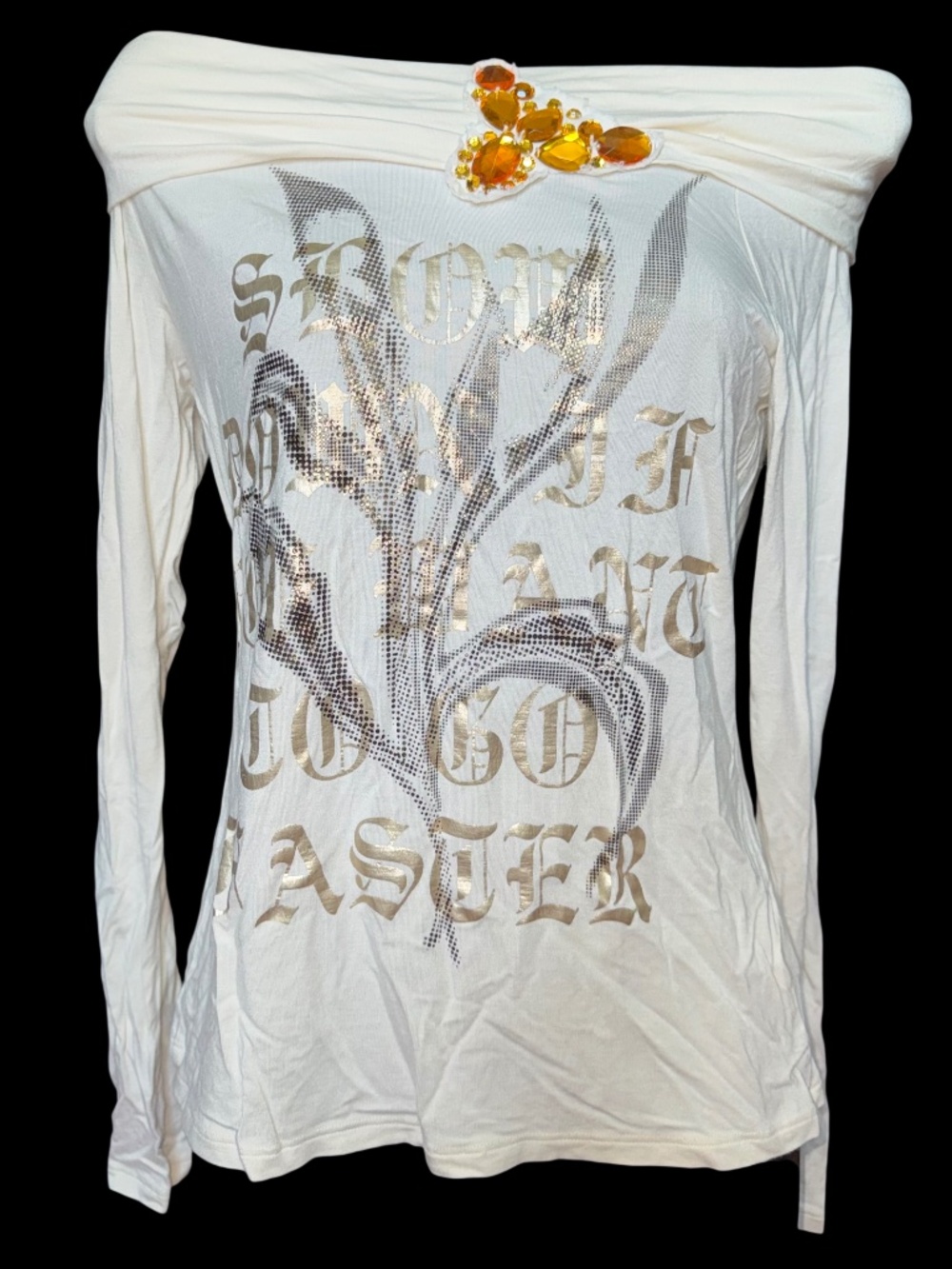 White Off Shoulder Graphic Tee W/ Gold & Rhinestone Details, Made in Italy - Picture 2 of 8